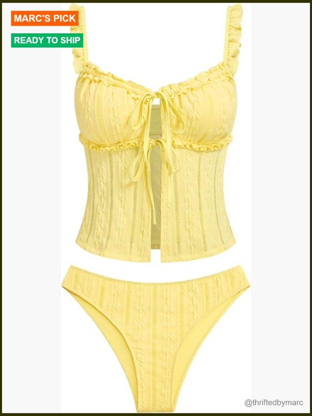 Womens Tie Front Bowknot Smocked Ruffled High Cut Thong Two Piece Tankini Set